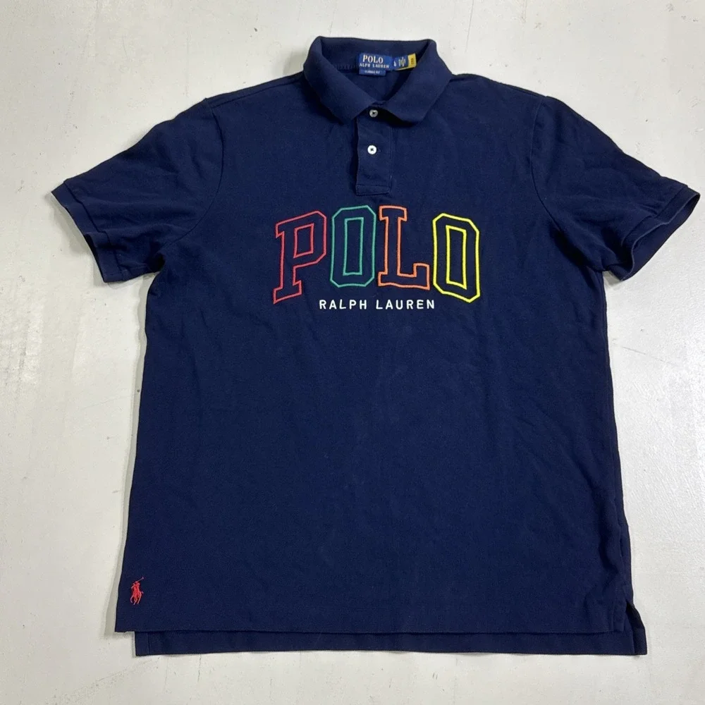 Polo Ralph Lauren Mesh Polo Shirt Mens Large Navy Embroidered Spell Out Color